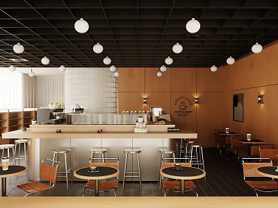 Modern Café Interior Design With Bar Counter Round Tables Chairs And Pendant Lights 3d model