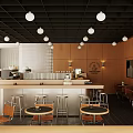 Modern Café Interior Design With Bar Counter Round Tables Chairs And Pendant Lights