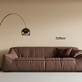 Modern Brown Two-Seater Sofa With Arching Floor Lamp Cushion And Beige Wall Interior
