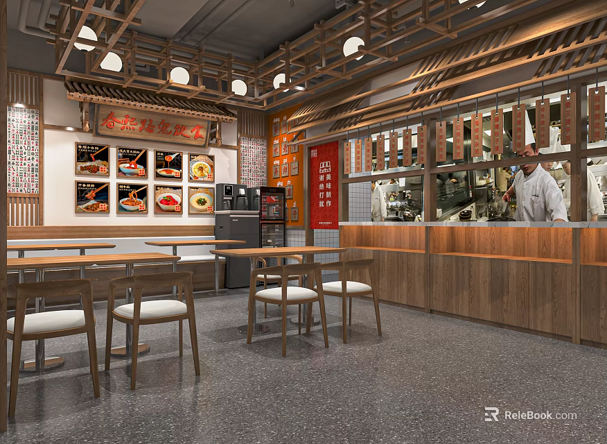 Traditional Chinese Restaurant Interior With Wooden Decor Dining Area And Menu 3d model 