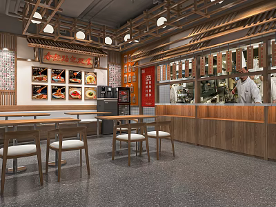 Traditional Chinese Restaurant Interior With Wooden Decor Dining Area And Menu 3d model