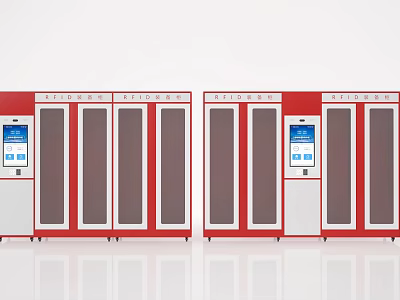 Red Frame Smart Storage Lockers With Multiple Doors And Blue Touch Screen 3d model