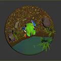 Colorful Red Eyed Frog in Natural Pond with Aquatic Plants and Stones