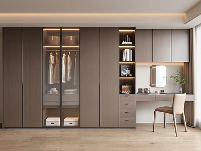 Modern Wooden Wardrobe With Glass Doors Hanging Clothes And Side Vanity Mirror Chair 3d model