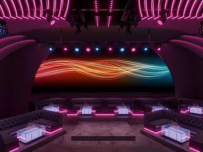 Purple Pink Neon Lit Bar with Wavy Backdrop Wall Sofa Seats and White Tables Stage 3d model