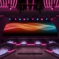 Purple Pink Neon Lit Bar with Wavy Backdrop Wall Sofa Seats and White Tables Stage