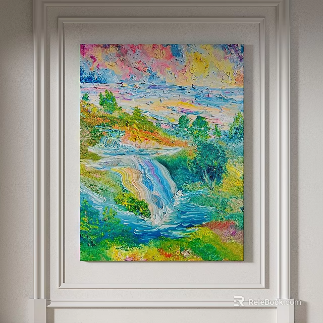 Vibrant Oil Painting of Waterfall Landscape with Green Trees Grass and Colorful Sky Hanging on Wall 3d model 