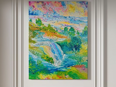 Vibrant Oil Painting of Waterfall Landscape with Green Trees Grass and Colorful Sky Hanging on Wall 3d model