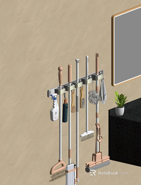 Wall Mounted Cleaning Tool Organizer With Mop Broom And Cleaning Supplies Hanging 3d model 