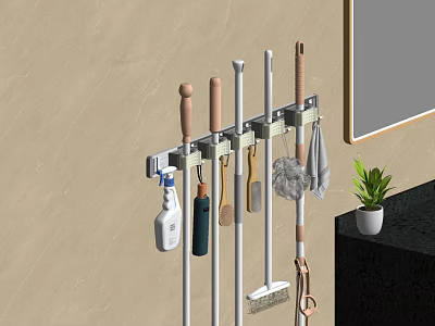 Wall Mounted Cleaning Tool Organizer With Mop Broom And Cleaning Supplies Hanging 3d model