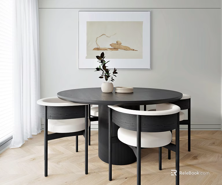 Round Black Dining Table Set With White Chairs By Window With Wall Art On Wooden Floor 3d model 