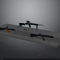 Different Weapons Display On Stand With Three Guns Bullets And Orange Component