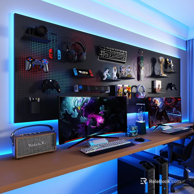 Gaming Wall Decor With Blue LED Lights Game Controllers Headphones Keyboard And Figurines 3d model 