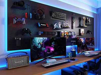 Gaming Wall Decor With Blue LED Lights Game Controllers Headphones Keyboard And Figurines 3d model
