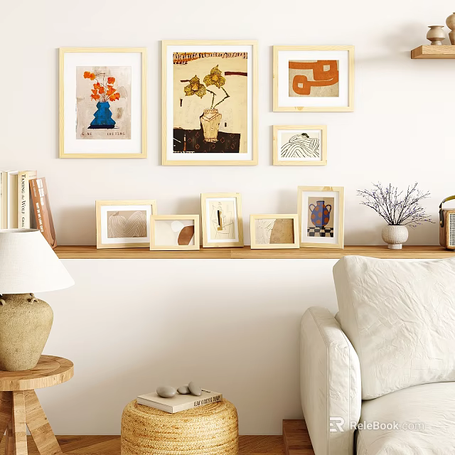Various Picture Frames Decorating Living Room Wall And Shelf With Home Decor Elements 3d model 