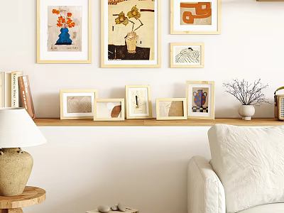 Various Picture Frames Decorating Living Room Wall And Shelf With Home Decor Elements 3d model
