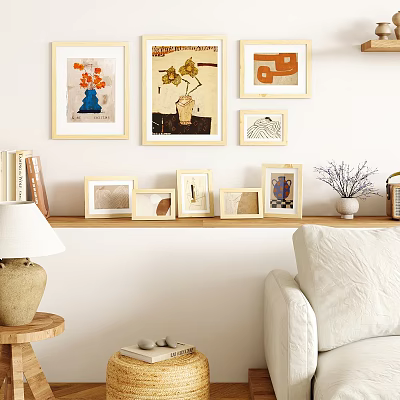 Various Picture Frames Decorating Living Room Wall And Shelf With Home Decor Elements 3d model