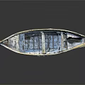 Old Blue And White Wooden Boat With Worn Hull Interior Seating And Red Stern Object