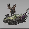 Rider On Antlered Deer Figure With Fantasy Plants And Small Creatures