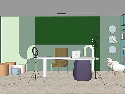 Modern Public Office Space Interior With Green Backdrop Work Desk And Lighting Setup 3d model