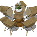 Round Glass Top Dining Table Set With Wooden Base And Six Rattan Chairs White Orchid