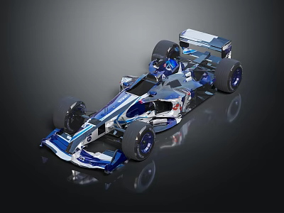 Silver and Blue Streamlined Race Car with Large Wheels and Reflective Surface 3d model