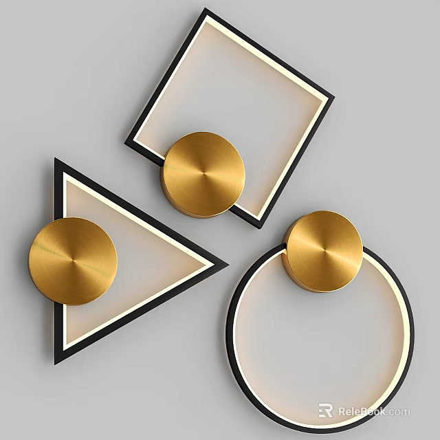 Modern Wall Lamps With Triangular Square And Circular Shapes Gold Bases Black Frames 3d model