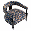Ornate Blue And Gold Floral Pattern Armchair With Black Wooden Arms And Legs