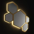 Hexagonal Illuminated Mirror Reflecting Modern Bedroom Interior With Bed And Artwork