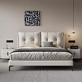 Modern Double Bed With Upholstered Headboard Neutral Bedding Nightstand And Abstract Wall Art