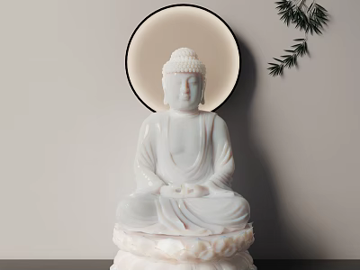 White Marble Buddha Sculpture With Lotus Base Circular Decor And Green Plant 3d model