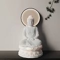 White Marble Buddha Sculpture With Lotus Base Circular Decor And Green Plant