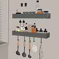 Organized Kitchen Spice Bottles On Wall Mounted Shelves With Cooking Utensils