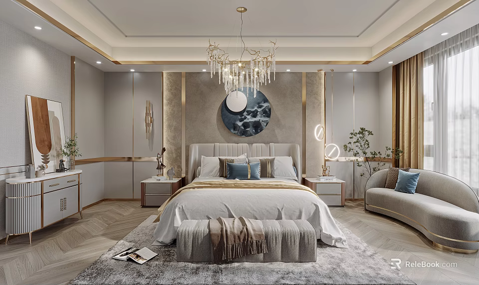 Elegant Modern Bedroom With Luxurious Bed Crystal Chandelier Nightstands Circular Wall Decor And Soft Rug 3d model 