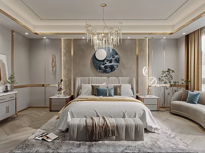 Elegant Modern Bedroom With Luxurious Bed Crystal Chandelier Nightstands Circular Wall Decor And Soft Rug 3d model