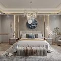 Elegant Modern Bedroom With Luxurious Bed Crystal Chandelier Nightstands Circular Wall Decor And Soft Rug