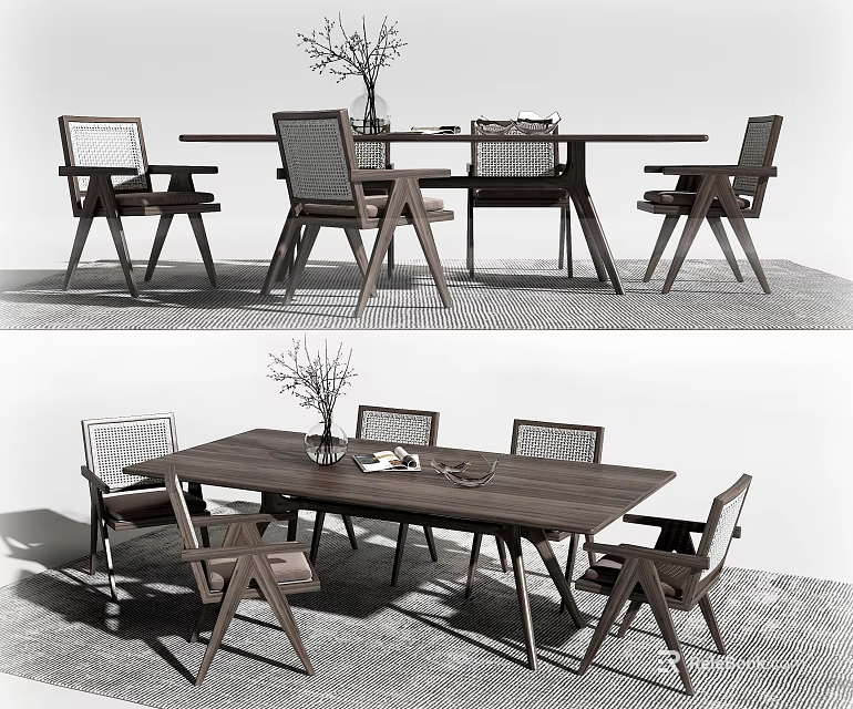 Modern Wooden Dining Table Set With Four Chairs Vase And Tableware 3d model