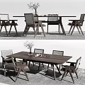Modern Wooden Dining Table Set With Four Chairs Vase And Tableware 3d model