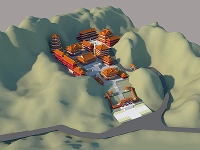 Ancient Chinese Architecture Complex in Mountainous Landscape With Traditional Courtyards Pagoda And Pathway 3d model