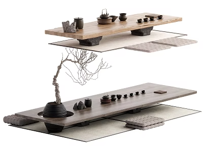 Traditional Tea Table And Chairs Set With Ceramic Teacups And Decorative Branch On Mats 3d model
