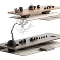 Traditional Tea Table And Chairs Set With Ceramic Teacups And Decorative Branch On Mats
