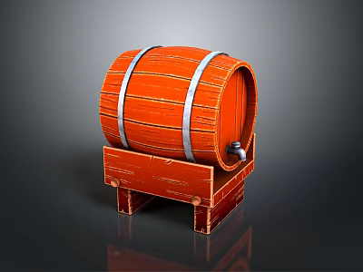 Orange Wooden Wine Barrel with Silver Metal Hoops on Wooden Stand with Legs 3d model