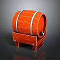Orange Wooden Wine Barrel with Silver Metal Hoops on Wooden Stand with Legs