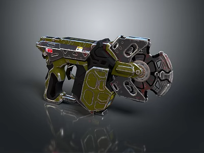Futuristic Weapon Featuring Green Metallic Body Mechanical Structure And Rotating Components 3d model