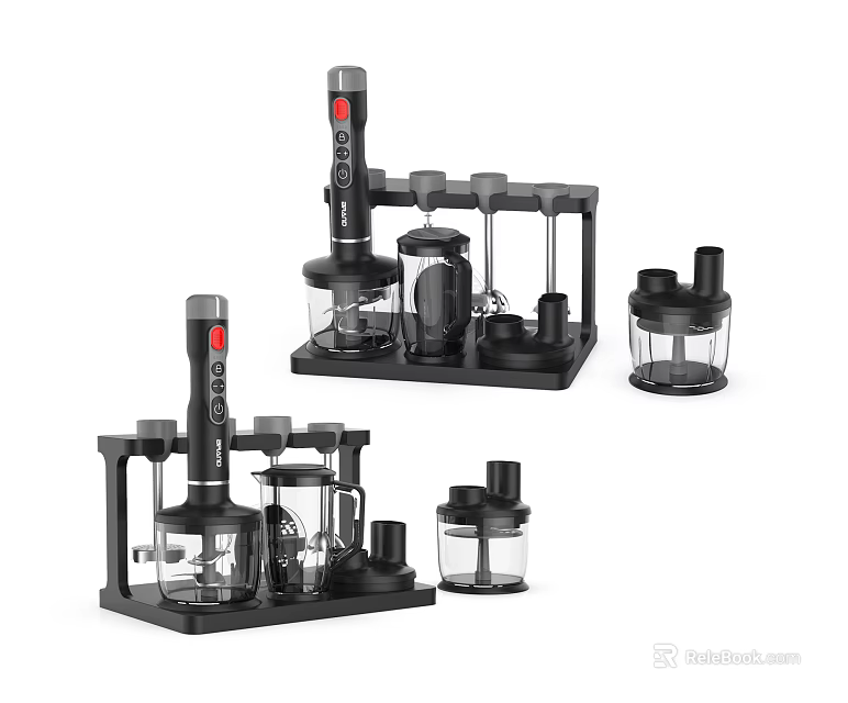 Black Modern Kitchen Appliances With Multiple Attachments And Blender Components 3d model