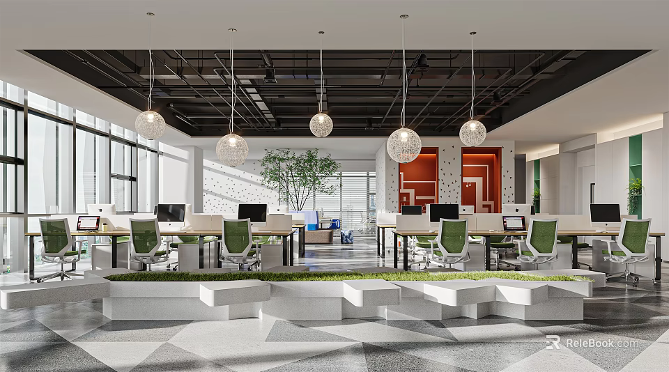 Modern Public Office Space With Green Chairs Computers Hanging Lights And Geometric Floor 3d model 