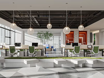 Modern Public Office Space With Green Chairs Computers Hanging Lights And Geometric Floor 3d model