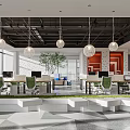 Modern Public Office Space With Green Chairs Computers Hanging Lights And Geometric Floor