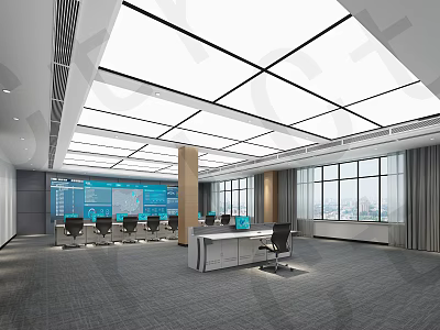 Modern Monitoring Room Interior With Multiple Screens Work Desk Comfortable Chairs And Windows 3d model