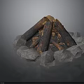 Outdoor Stone Fire Pit With Circular Surround And Burning Logs Flames